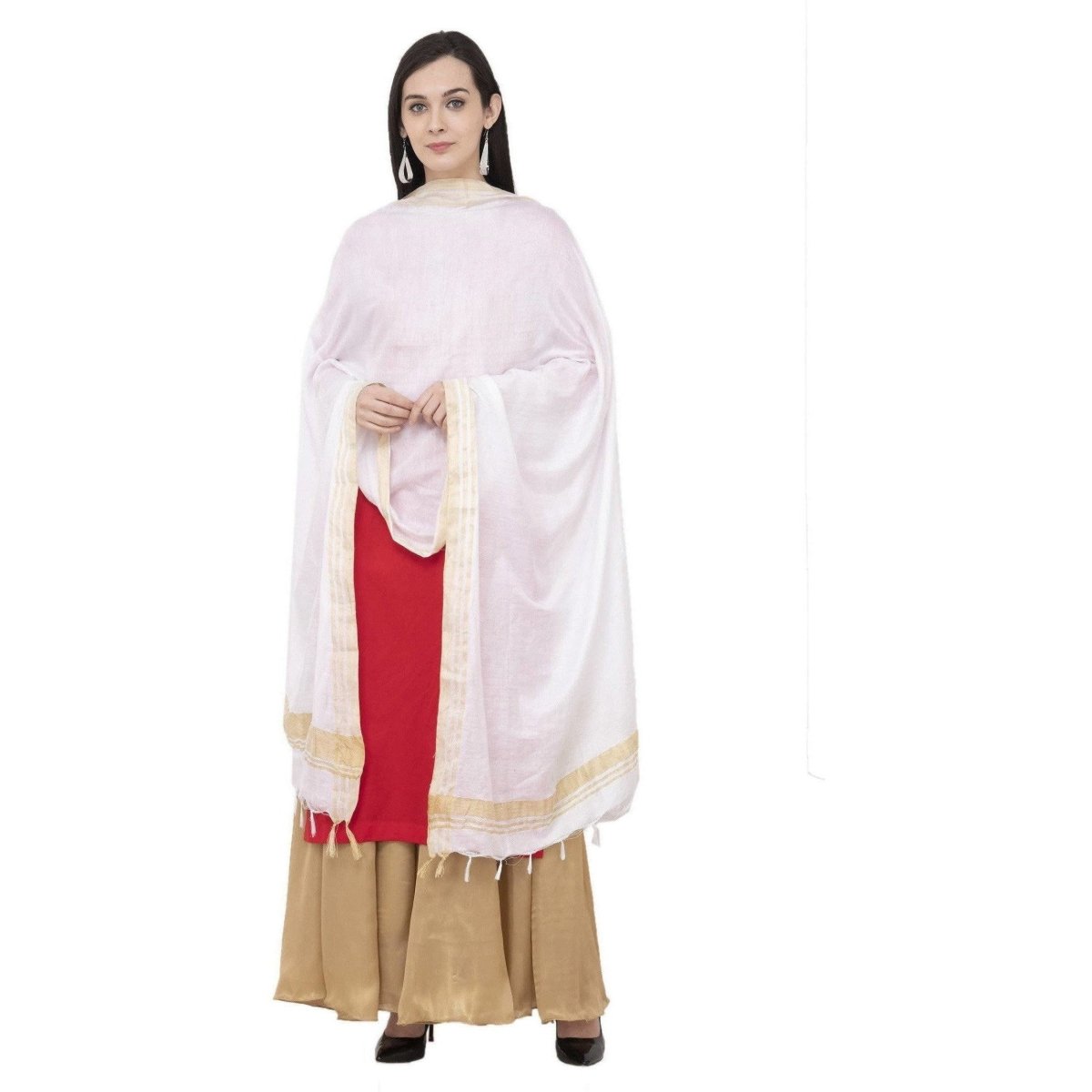 A R Silk Golden Border Regular Dupatta Color White Dupatta or Chunni 