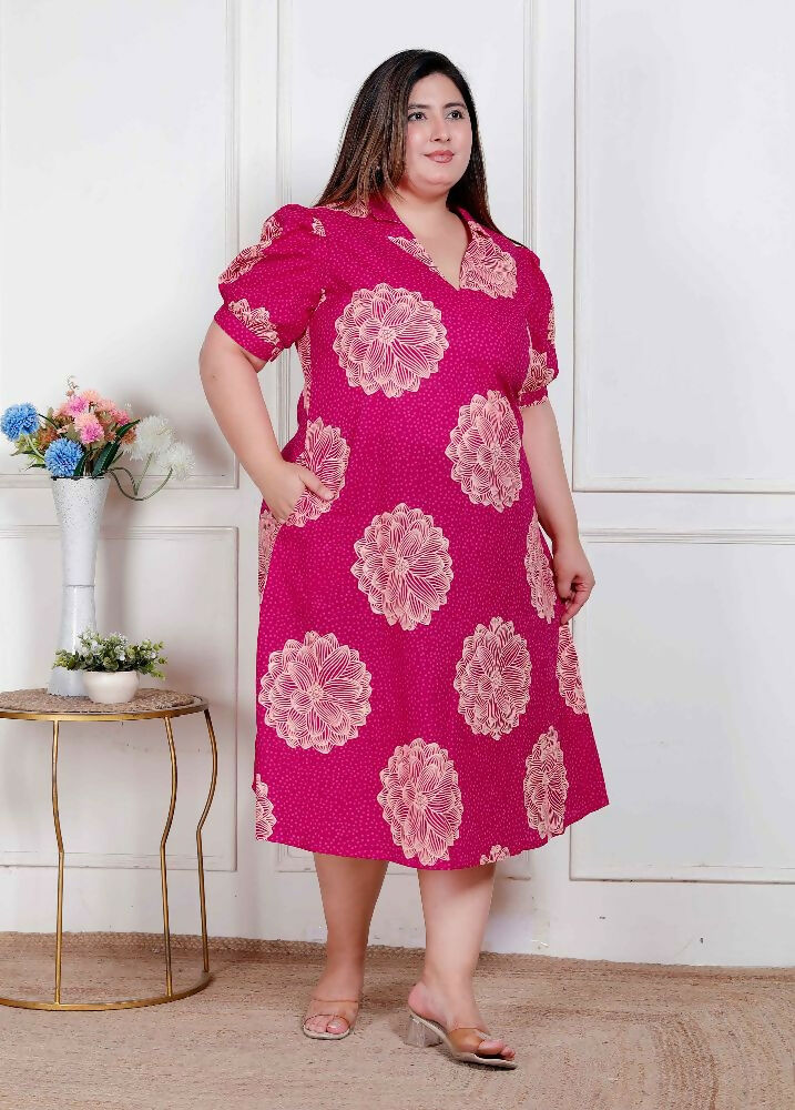 Miravan Plus Size Womens Pink Printed Collar Neck Short Puff Sleeves Cotton A-Line Maxi Dress