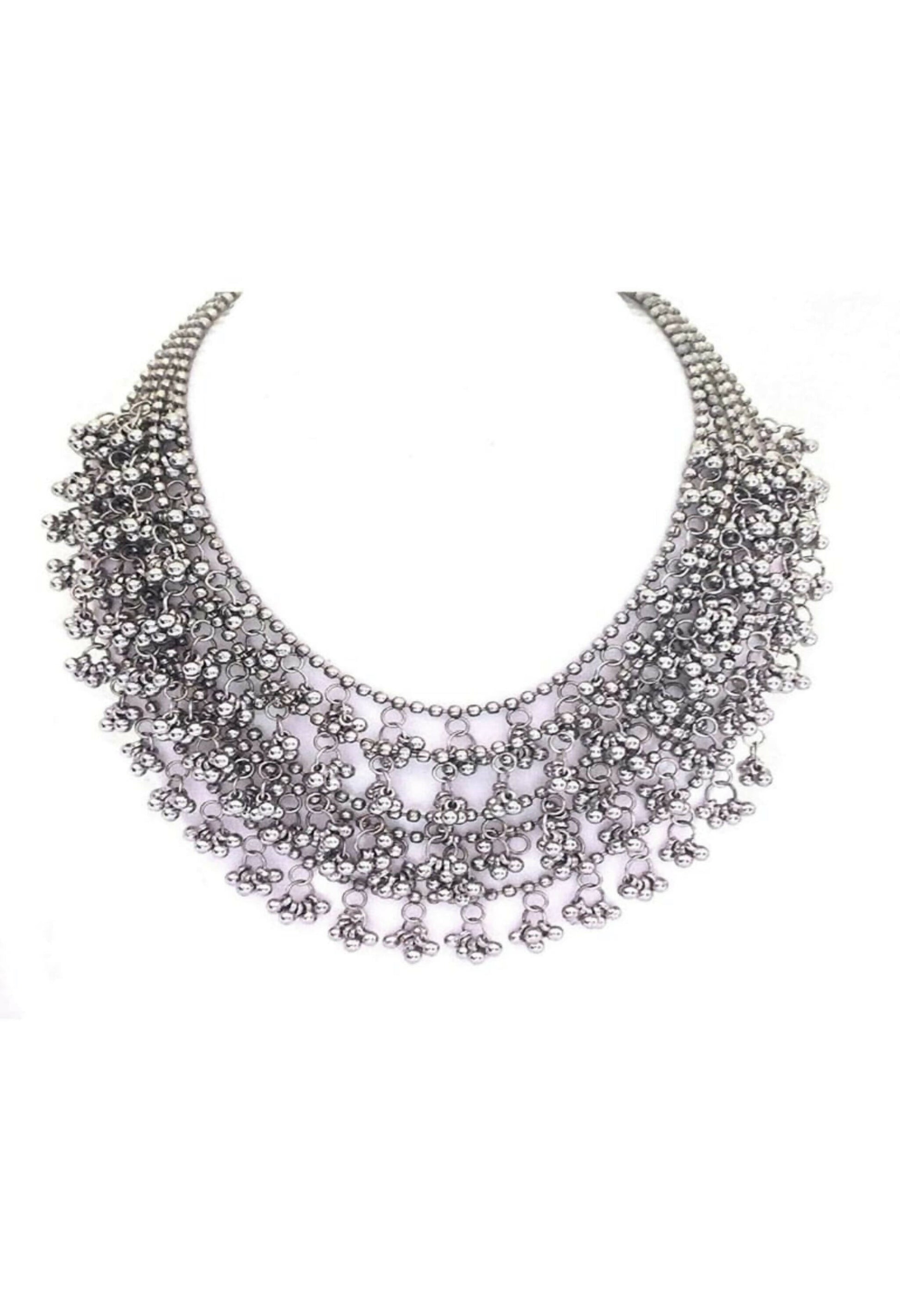 Mominos Fashion Johar Kamal Oxidised Silver-Plated Brass Finish Ghungroo Necklace with Earrings For Women - Grab2buy