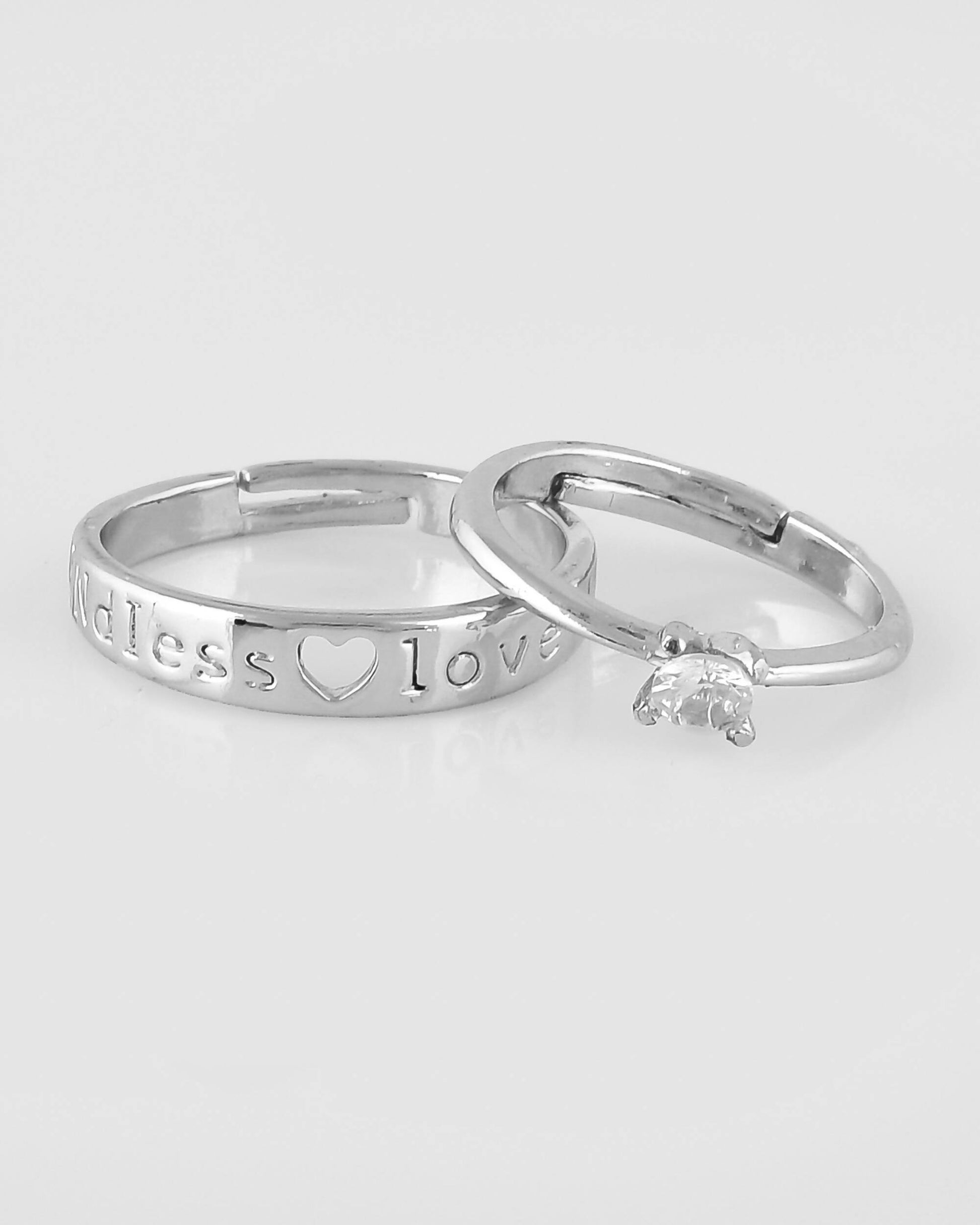 VOJ Stainless Steel Cubic Zirconia Silver Plated Adjustable Ring Set for Couple 