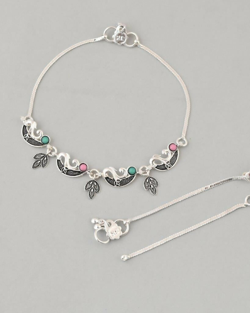 VOJ Set of 2 Silver Plated Multi Color Meenakari Anklet 