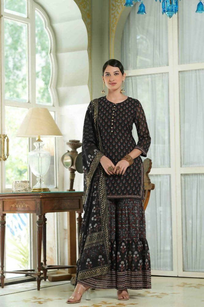 Juniper Black Georgette Festive Floral Print Straight Tunic-Sharara For Women 