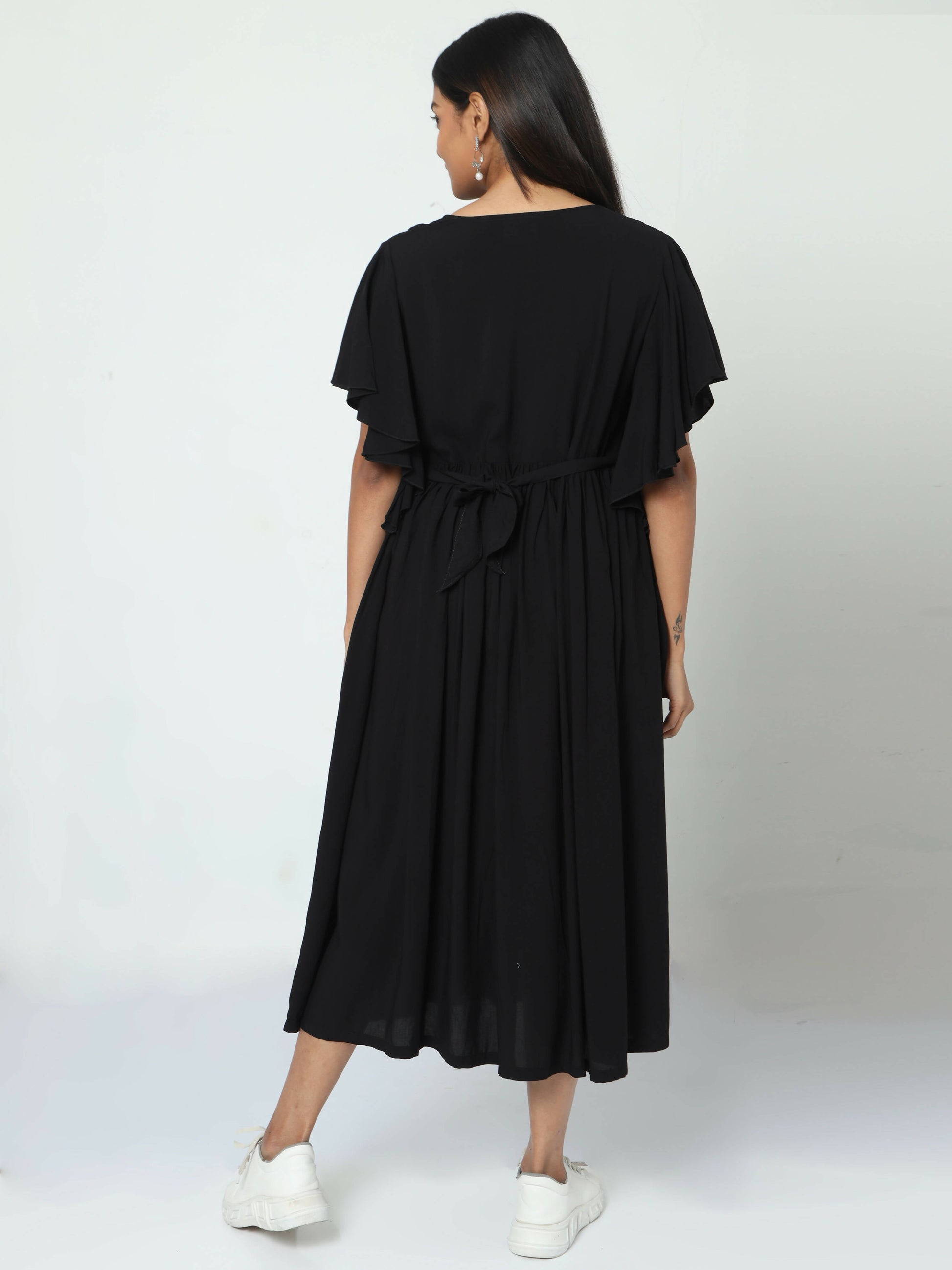 Manet Maternity Frill Slevee Solid Dress With Concealed Zipper Nursing Access - Black
