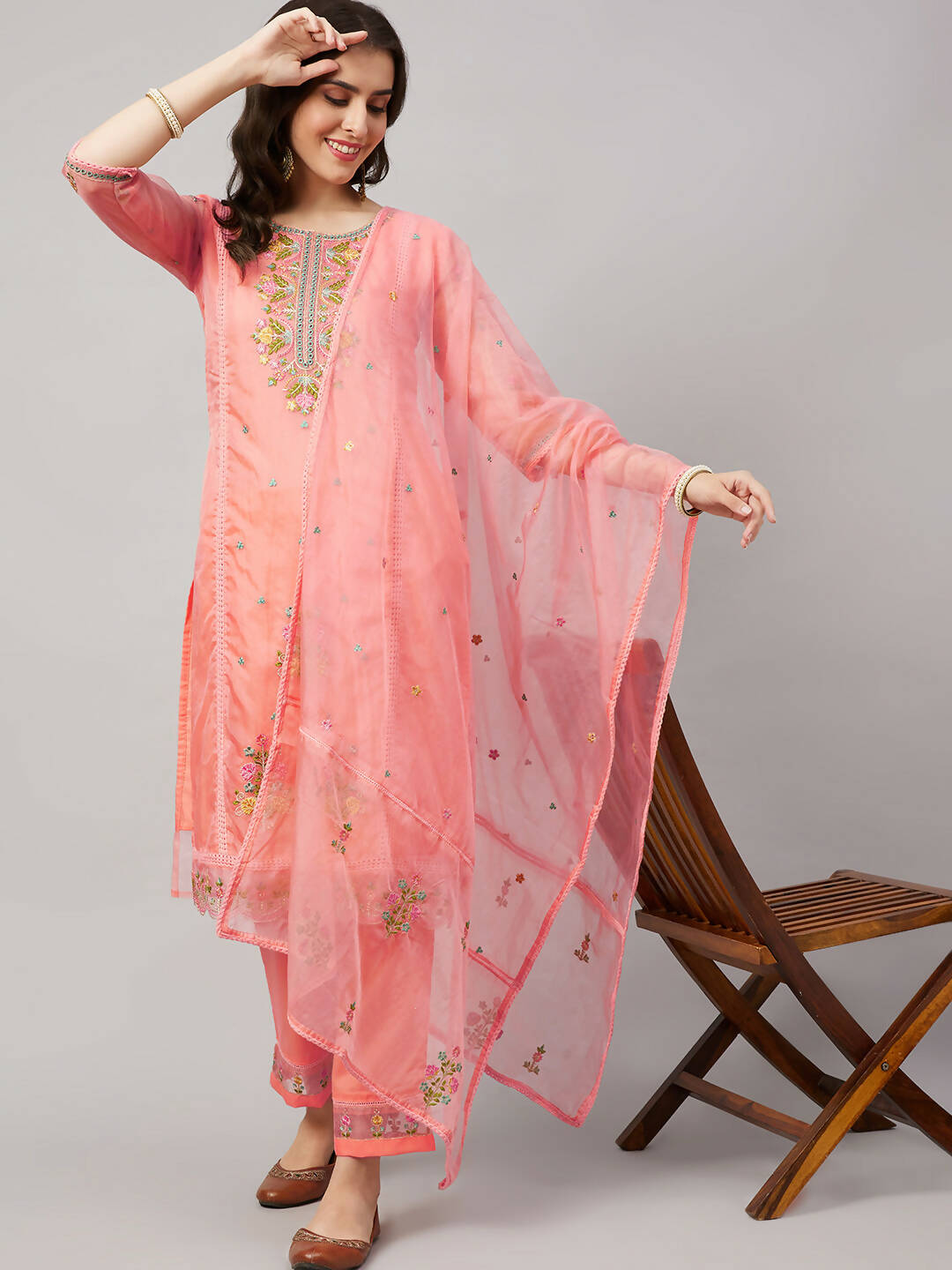Peach Organza Embroidered Kurta with Bottom & Dupatta - Salimar