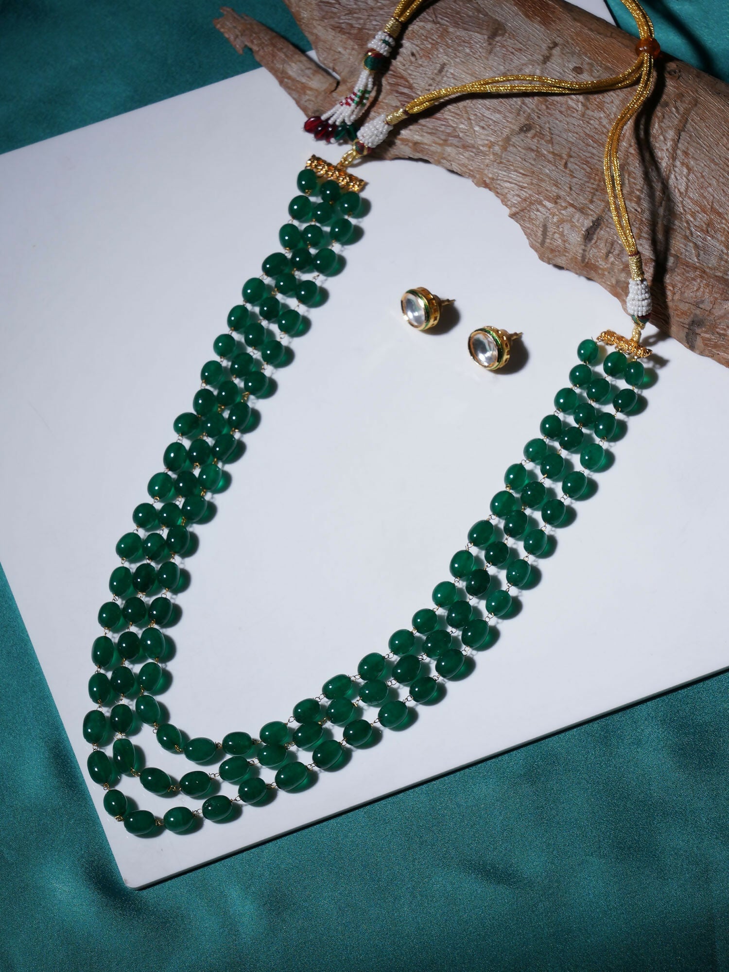 Long Layered Green Neckpiece wtih Kundan Studs Jewellery Set (Green) - Ruby Raang - Grab2buy