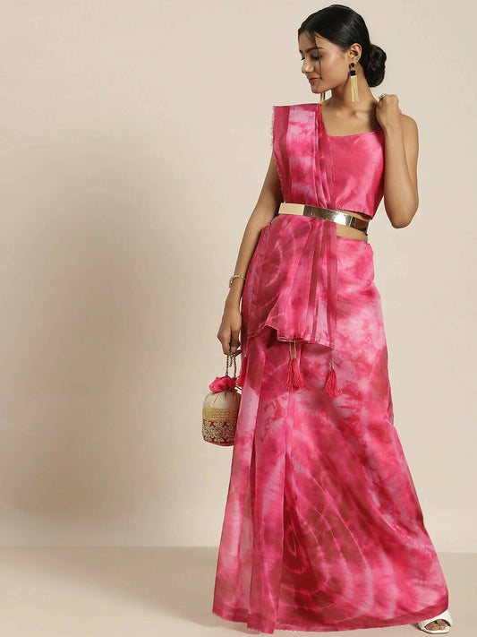 Pink Organza Printed Saree With Blouse Piece - Nivaa