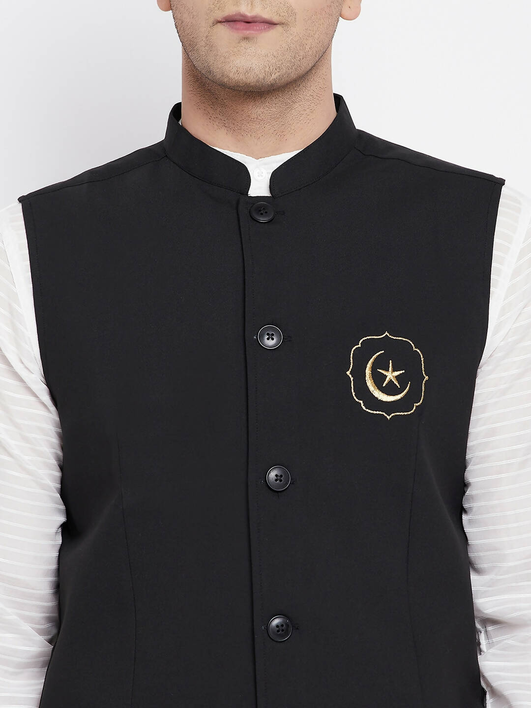 Even Apparels Black Pure Cotton Nehru Jacket With Eid Insignia PW668 