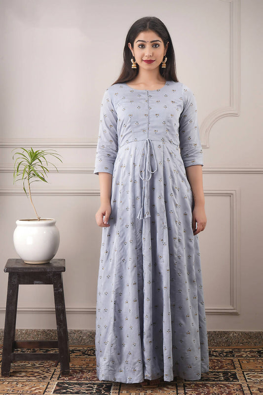 Partywear Designer Hand Screen and Foil Print Lightsteelgrey Pure chanderi Gown - Anbazaar - Grab2buy