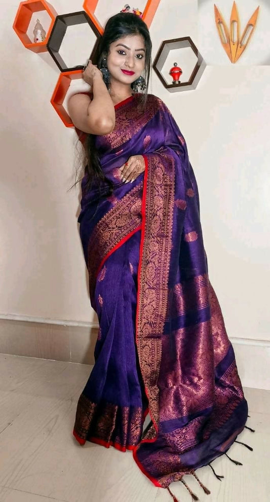 Exclusive Collection Beautiful Linen Banarashi Violet Pure Cotton Handloom Grab2Buy With Running Blouse Piece 