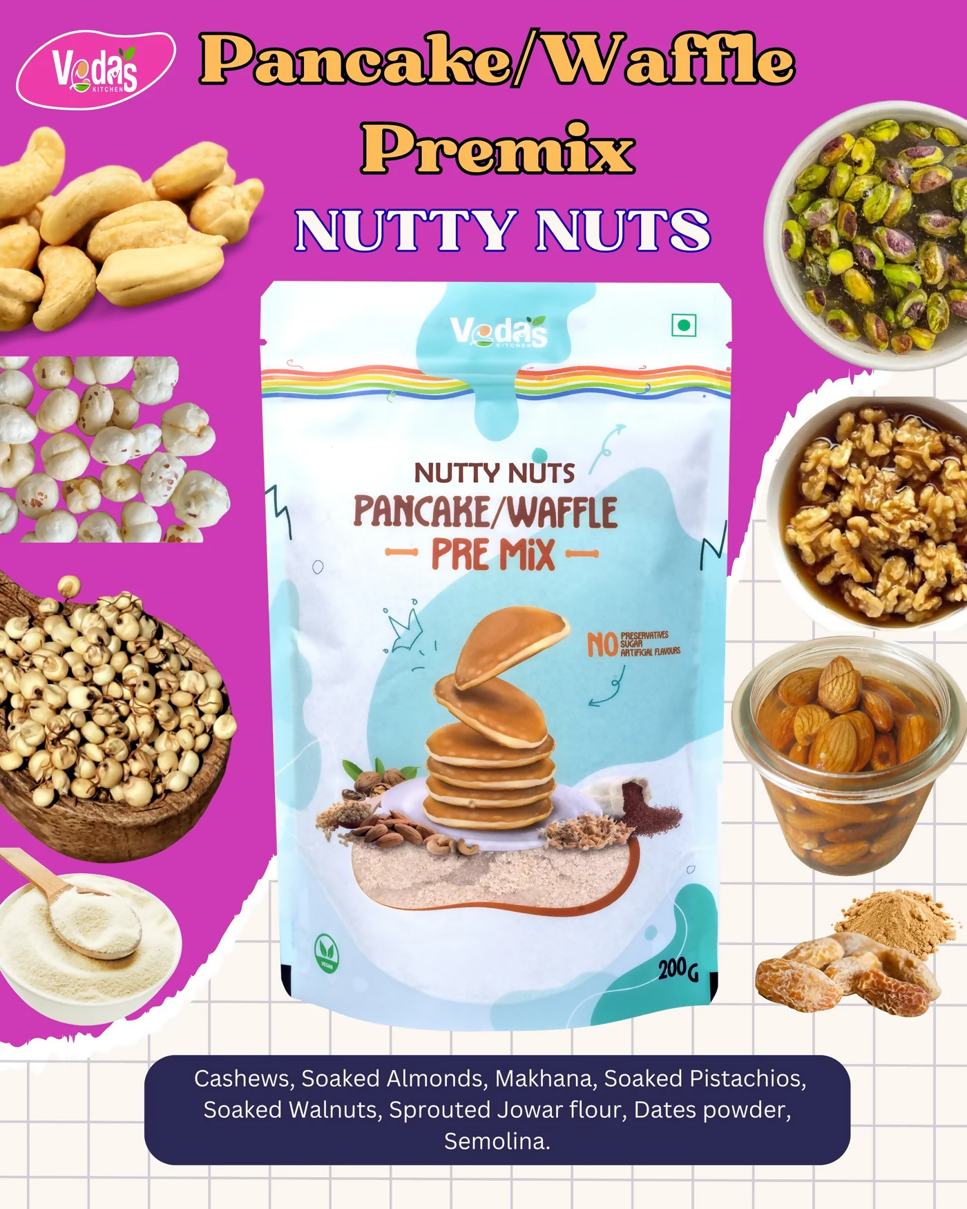 Vedas Kitchen Nutty Nuts Waffle/Pancake Premix  Grab2Buy Vedas Kitchen Grab2Buy