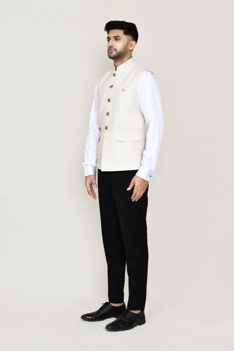 Joban Fashion Cream Colored Cotton Satin Work Men's Jacket
