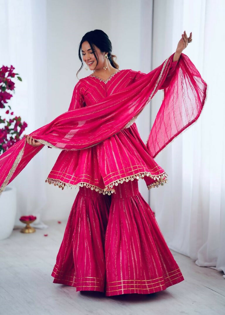 Teeya Creation Pink Color Mal Chanderi Silk Mirror Work And Hand Work Sharara set