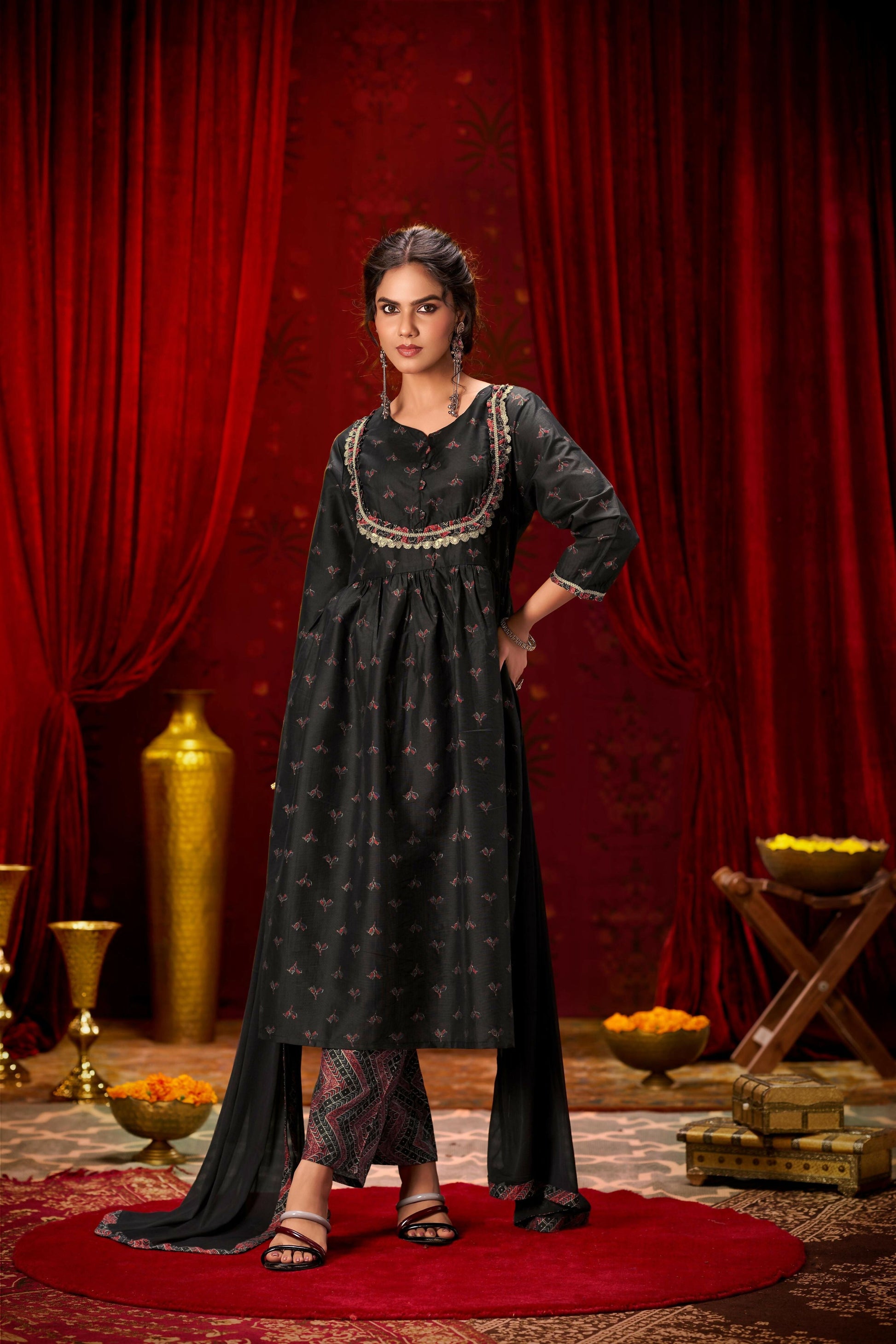 BulBul Black Ajrakh Print Chanderi Silk Kurta Set with Dupatta 