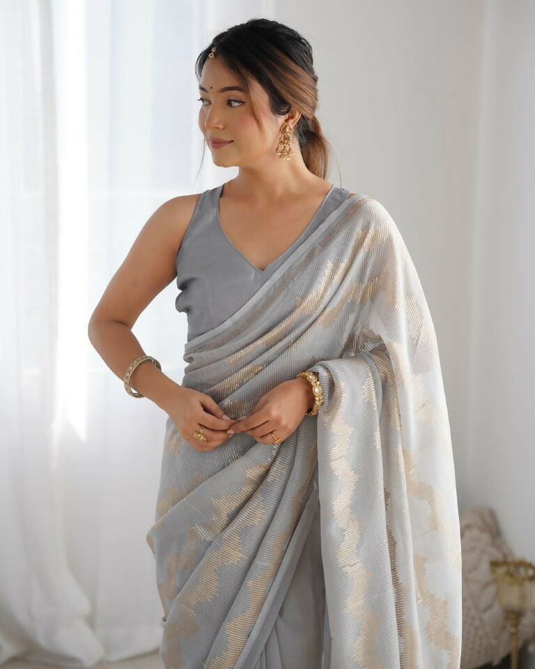 Grey Georgette Sequance Embroidery Work Border Saree - Sitare