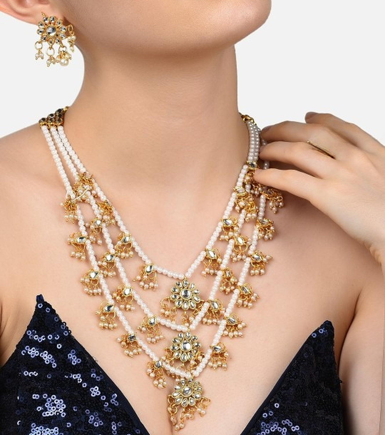 Jewel City Gold-Plated & White Kundan-Studded & Pearl Beaded Jewellery Set | Grab2Buy