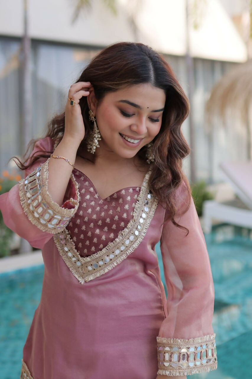 Teeya Creation Womens New Wedding Wear Peach Color Salasa Fabrics With Mirror & Lace Work Kurta Pant Set