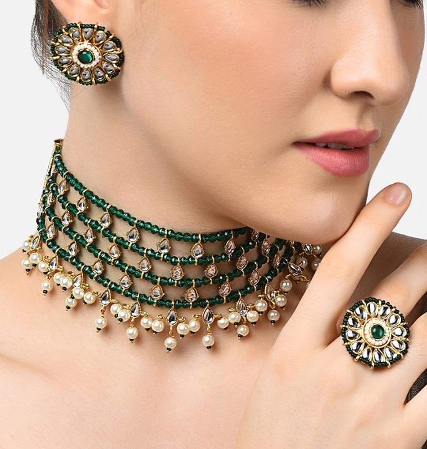 Jewel City Indian Gold-Plated & Green Alloy Gold-Plated Kundan-Studded & Beaded Jewellery Set | Grab2Buy
