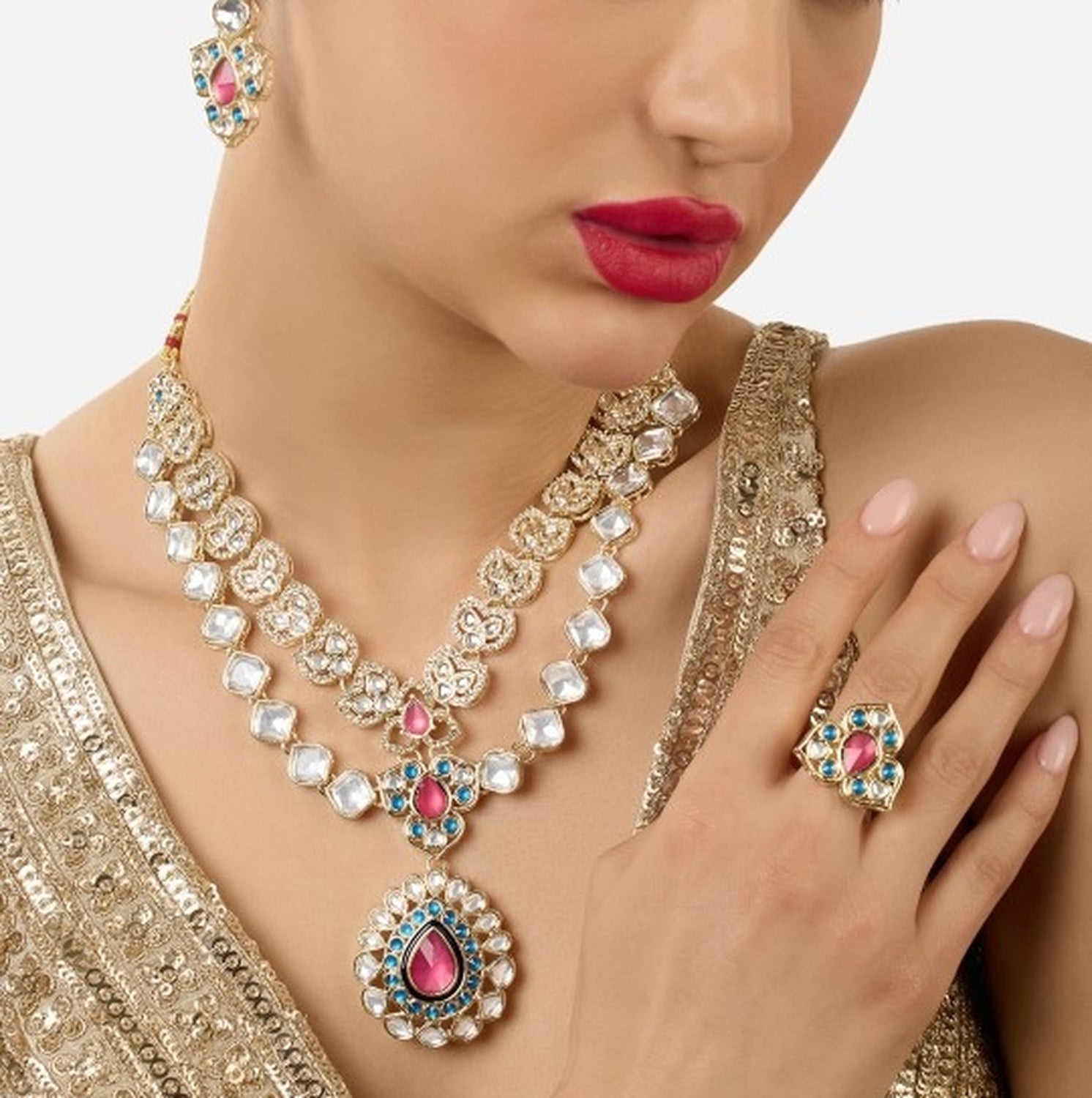 Jewel City Designer Kundan Necklace Set with Earrings & Ring | Gold-Plated Dual Layer Bridal Jewelry | Grab2Buy