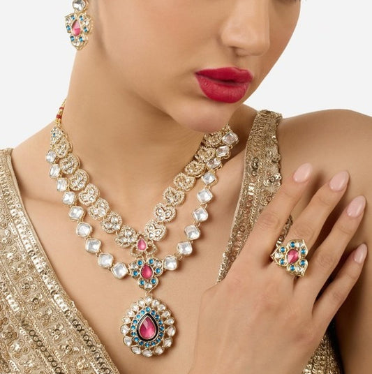 Jewel City Designer Kundan Necklace Set with Earrings & Ring | Gold-Plated Dual Layer Bridal Jewelry | Grab2Buy