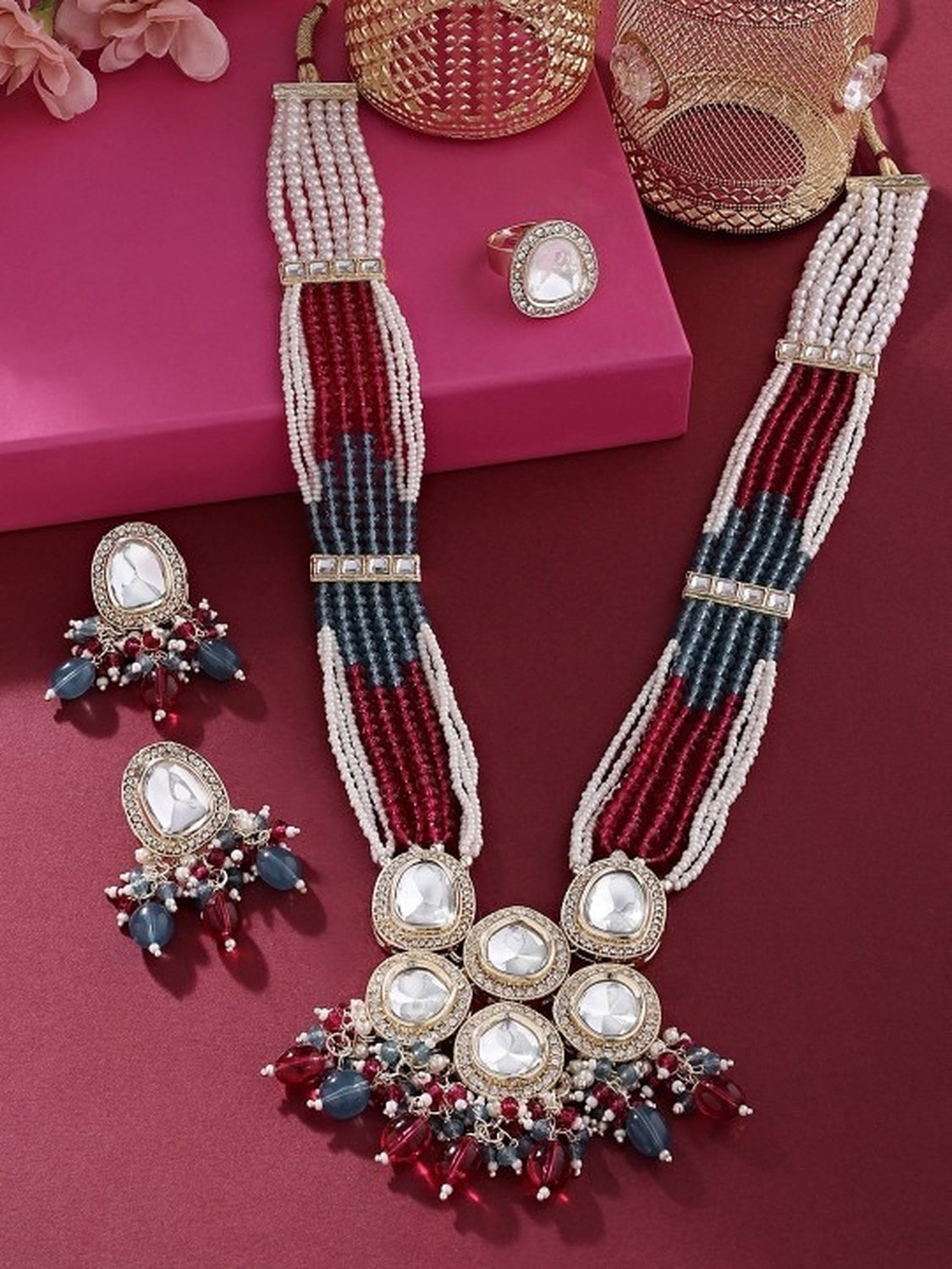 Jewel City Multicolor Beaded Kundan Necklace Set with Earrings Pearl Layered Traditional Gold-Plated Jewelry Set | Grab2Buy
