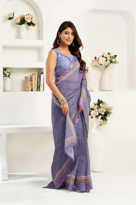 Joban Fashion Lavender Striped Linen Ready To Wear Saree With Unstitched Blouse