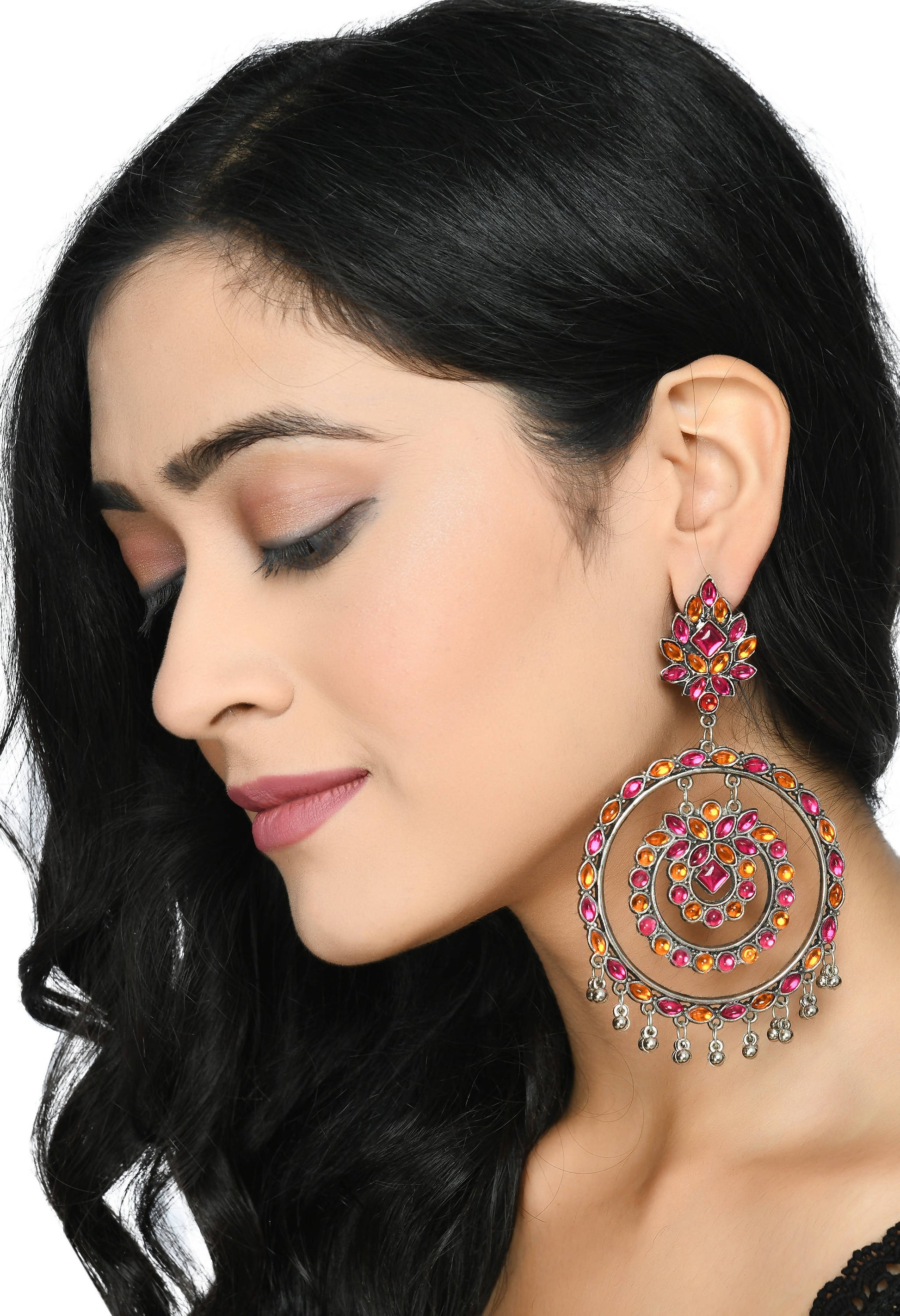 Mominos Fashion Johar Kamal Women's Pink & Orange Kundan Circles Earrings - Grab2buy