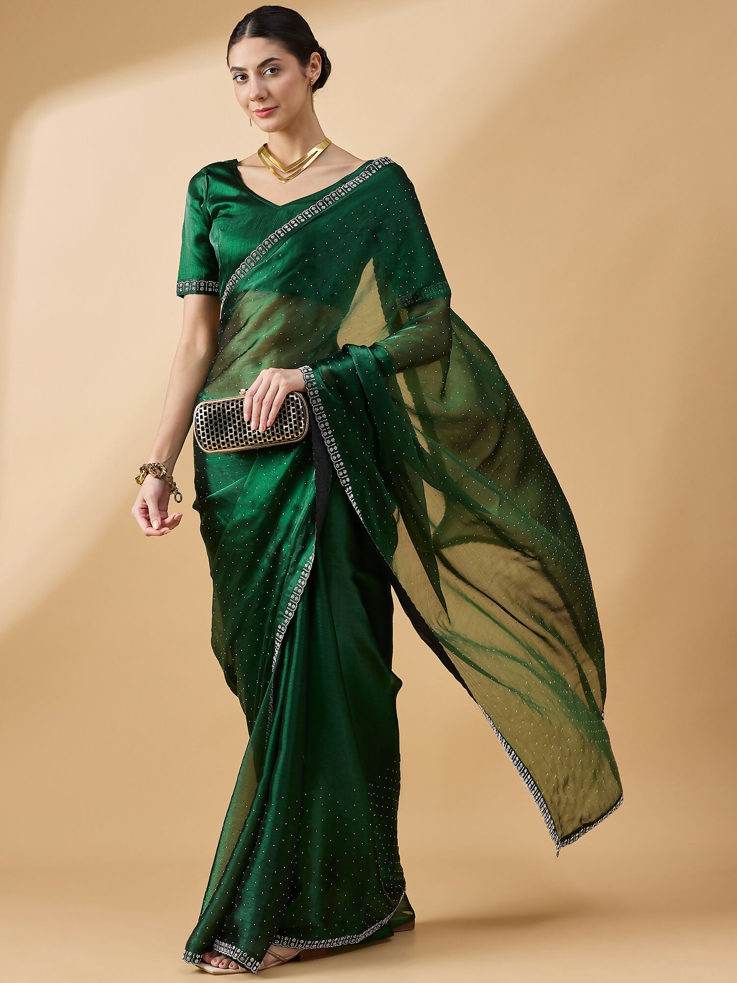 Green Organza Swaroski Diamond Work Saree with Unstitched Blouse - Radha