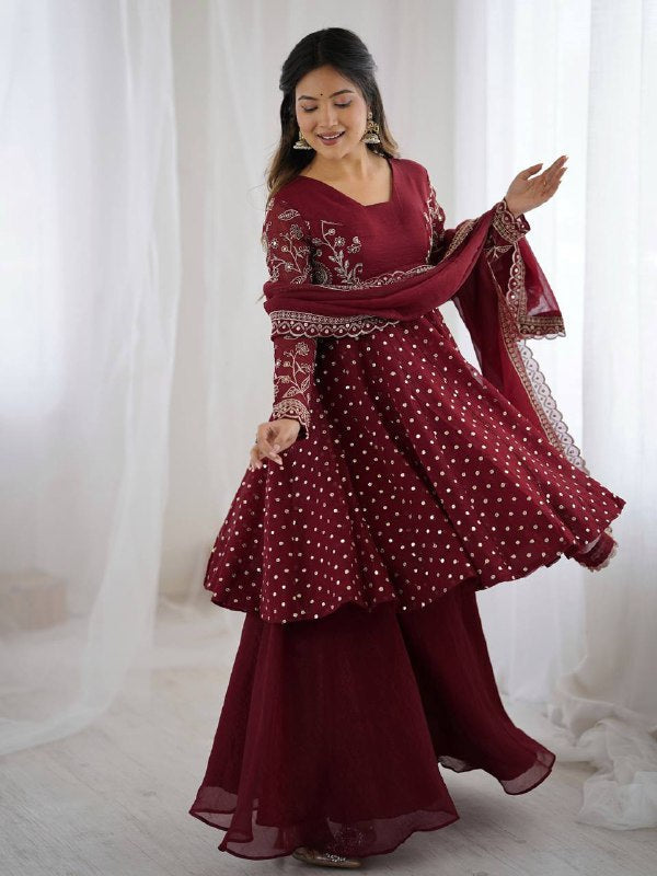 Prazu Fashion Maroon Crunchy Silk Embroidered Designer Sharara Suit