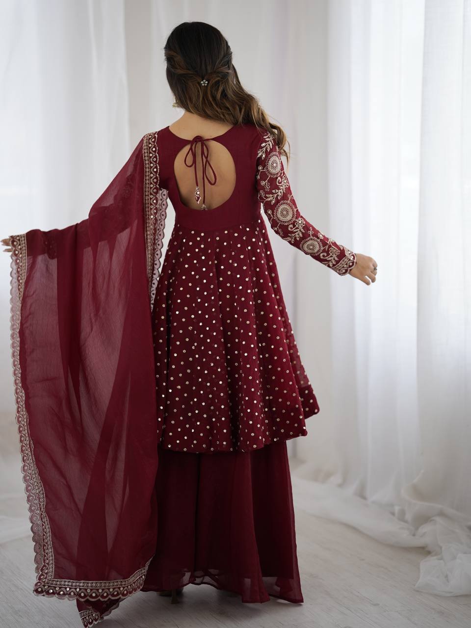 Prazu Fashion Maroon Crunchy Silk Embroidered Designer Sharara Suit