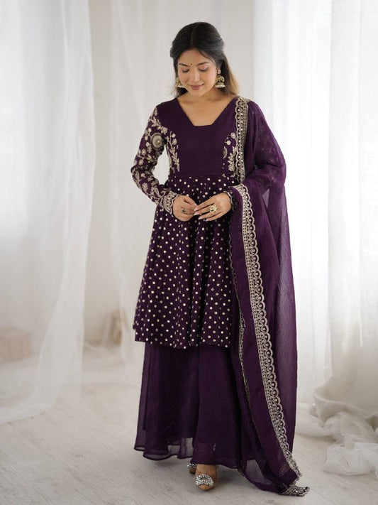 Prazu Fashion Purple Crunchy Silk Embroidered Designer Sharara Suit