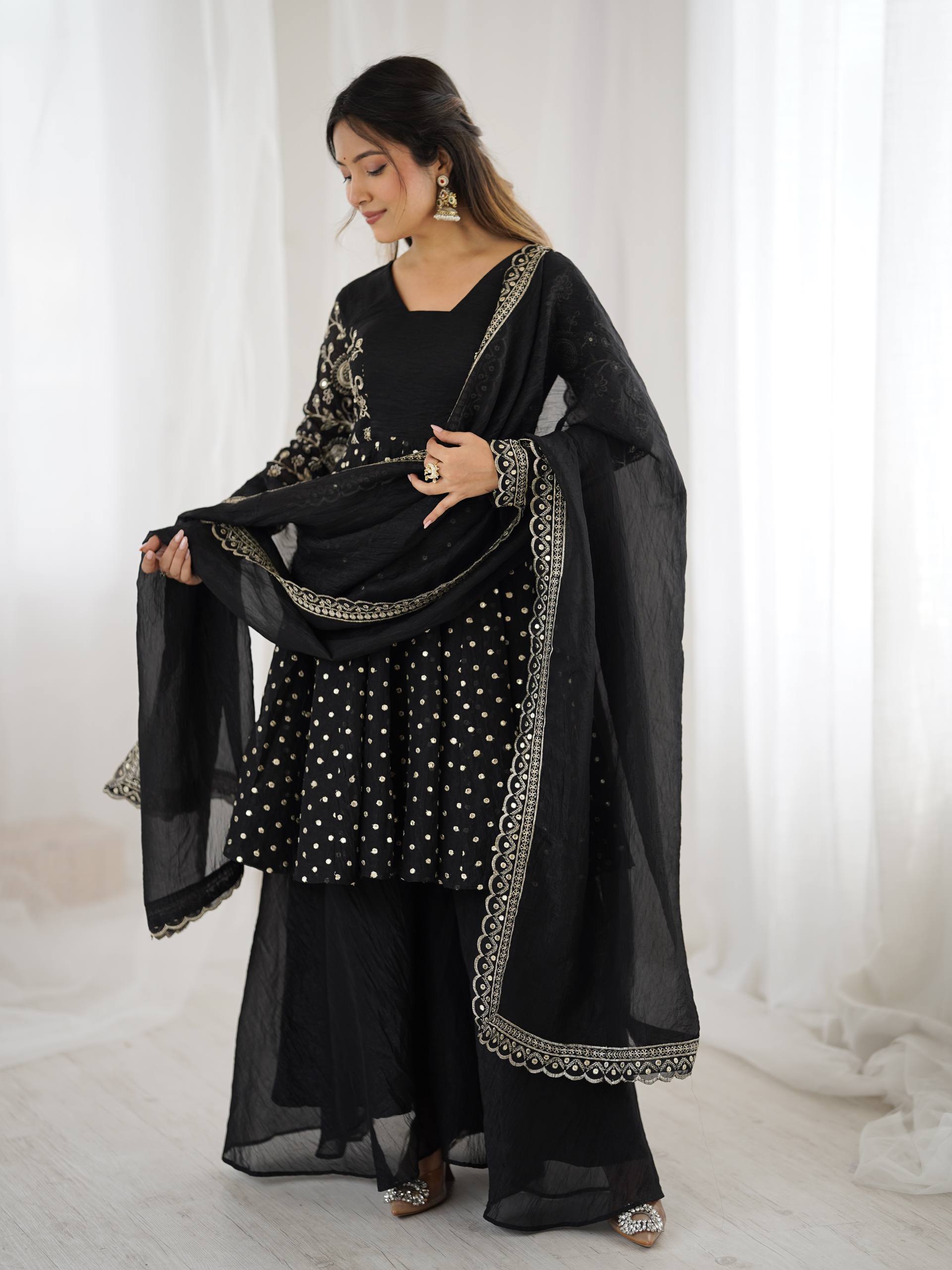 Prazu Fashion Black Crunchy Silk Embroidered Designer Sharara Suit