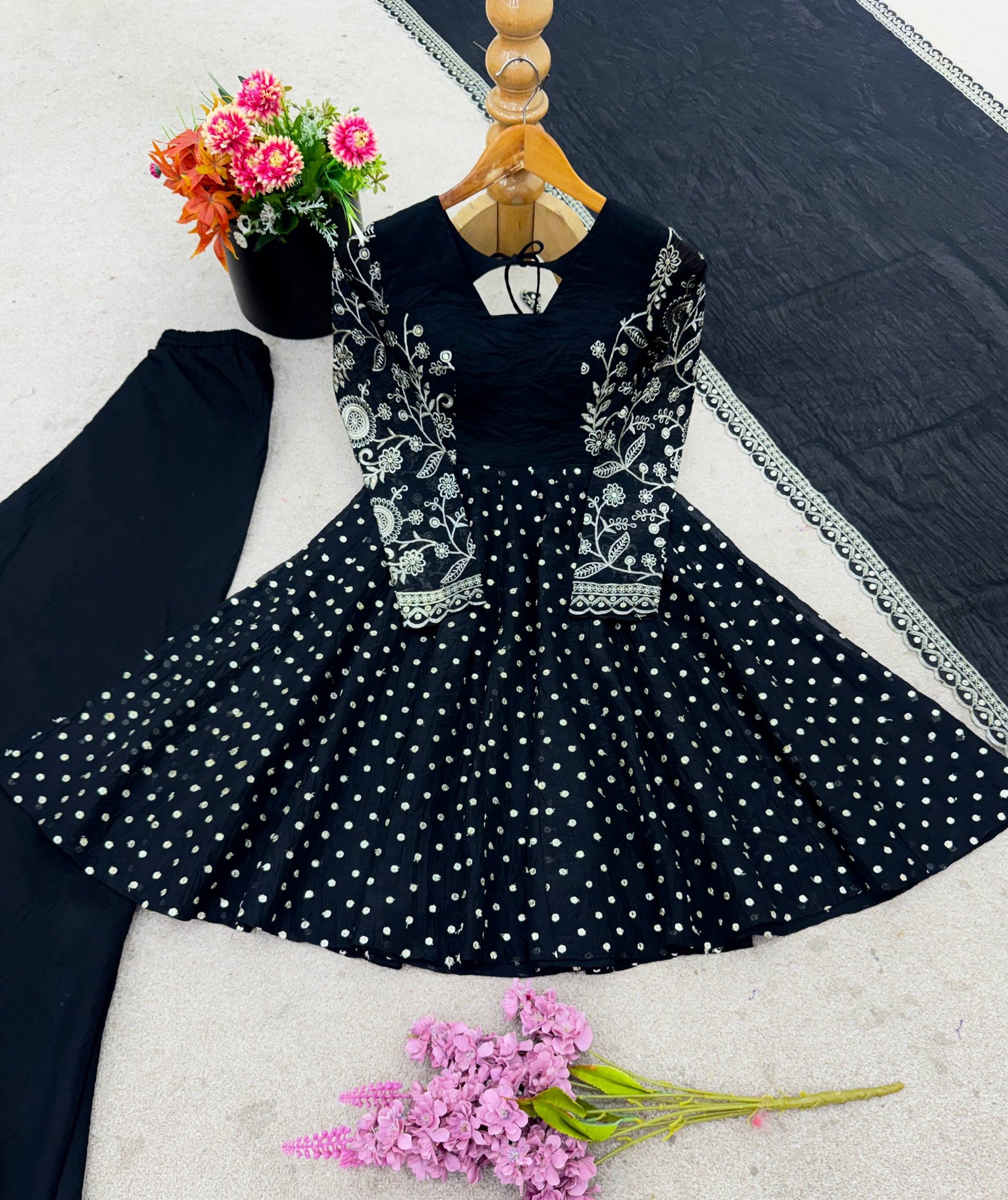 Prazu Fashion Black Crunchy Silk Embroidered Designer Sharara Suit