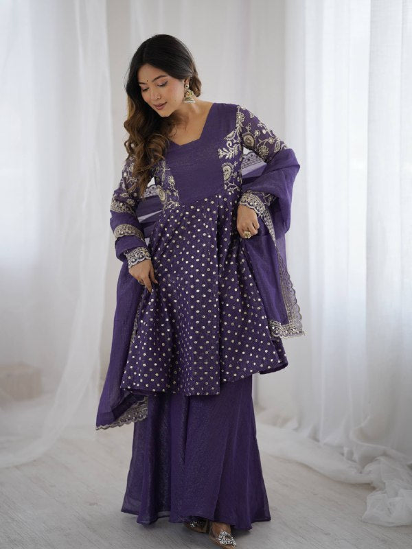 Prazu Fashion Violet Blue Crunchy Silk Embroidered Designer Sharara Suit