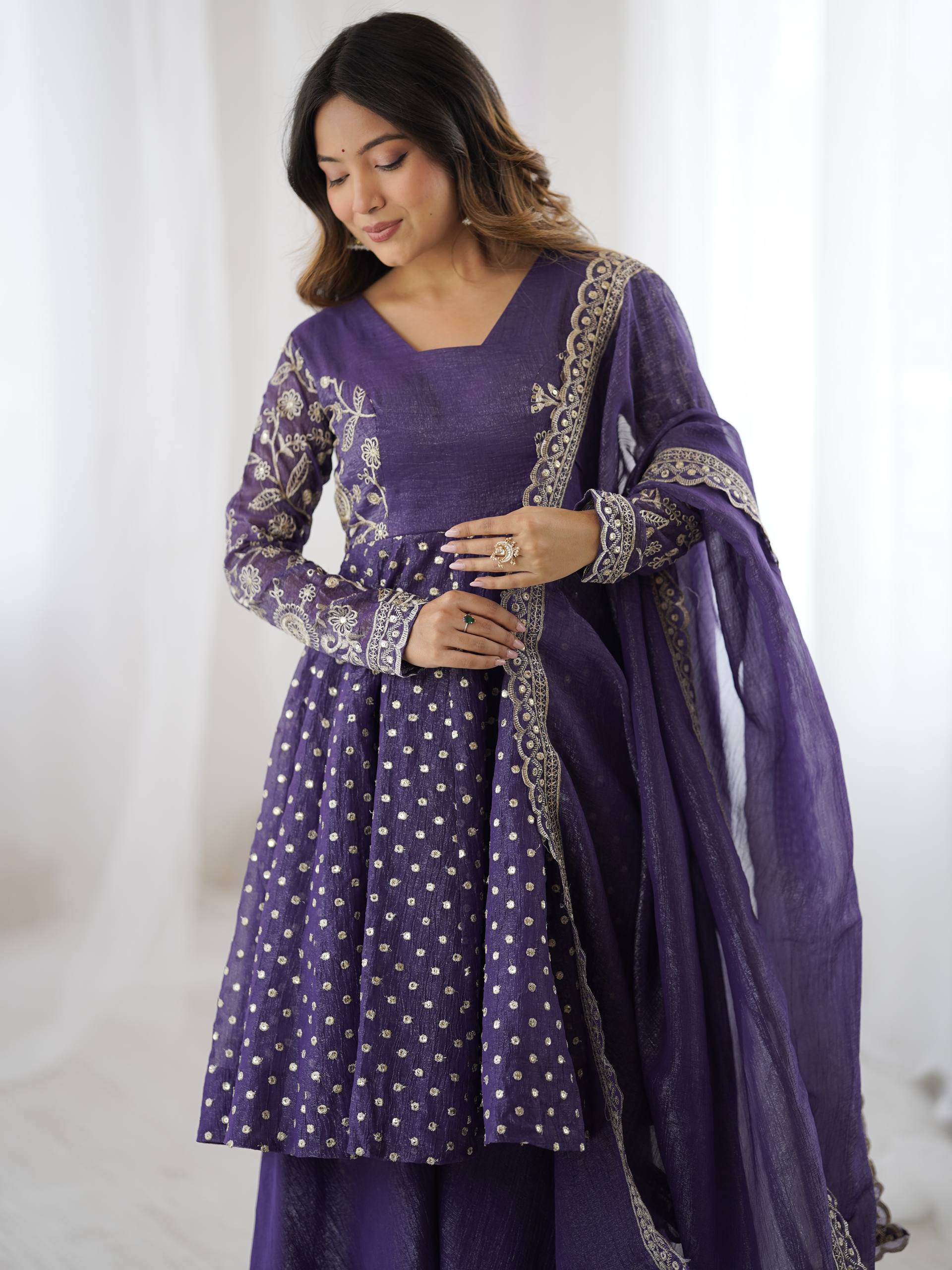 Prazu Fashion Violet Blue Crunchy Silk Embroidered Designer Sharara Suit