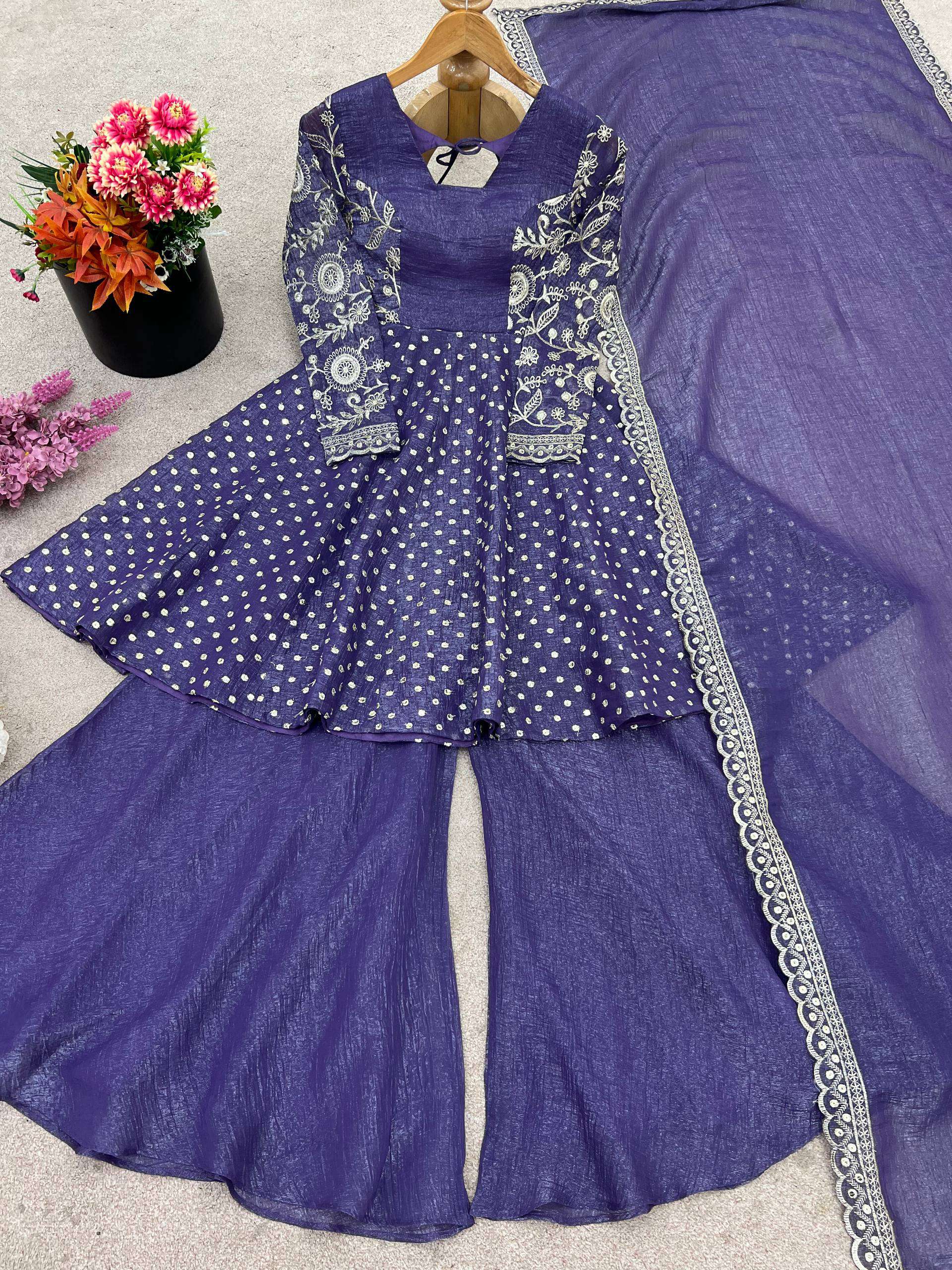 Prazu Fashion Violet Blue Crunchy Silk Embroidered Designer Sharara Suit