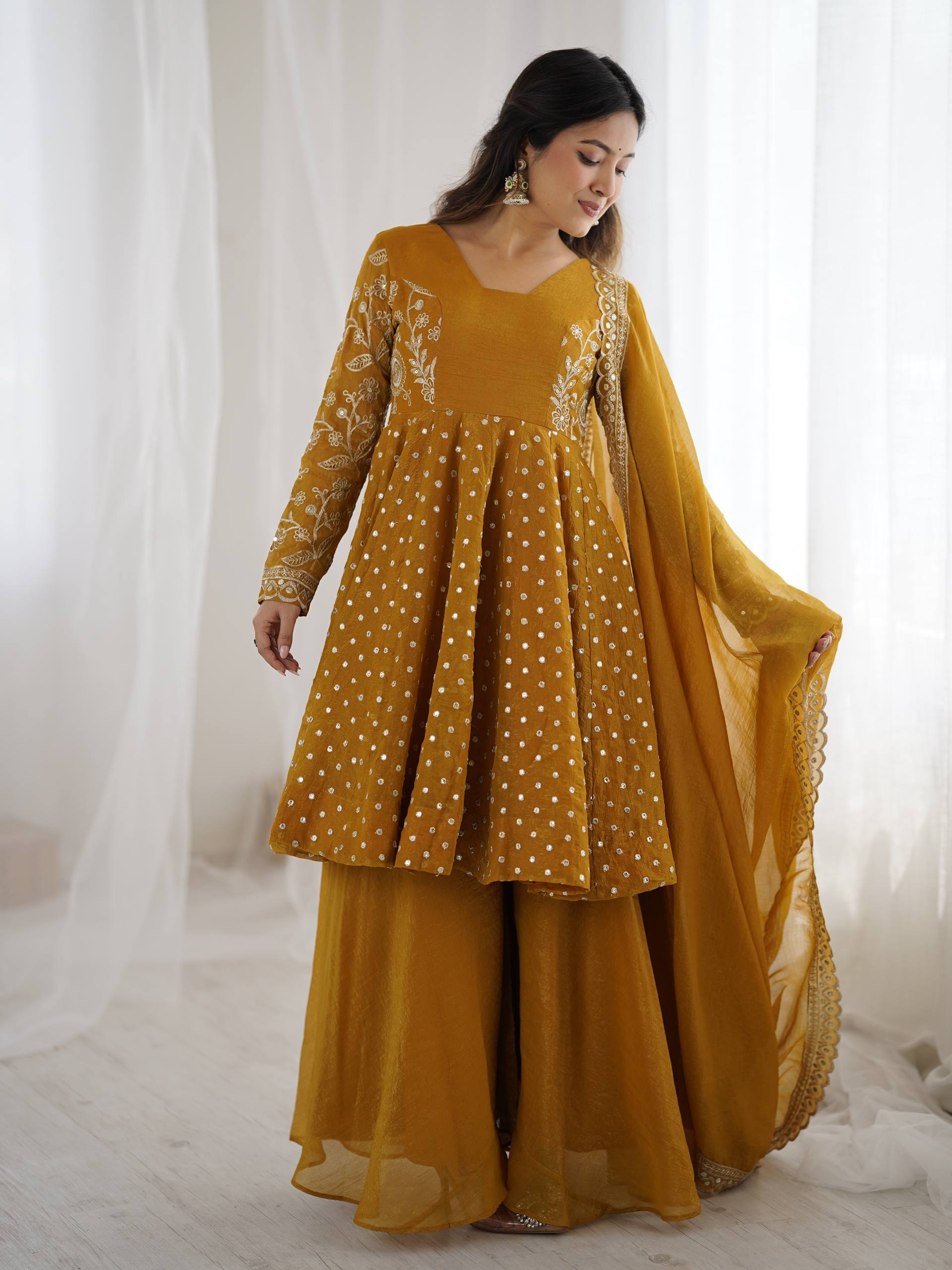 Prazu Fashion Yellow Crunchy Silk Embroidered Designer Sharara Suit