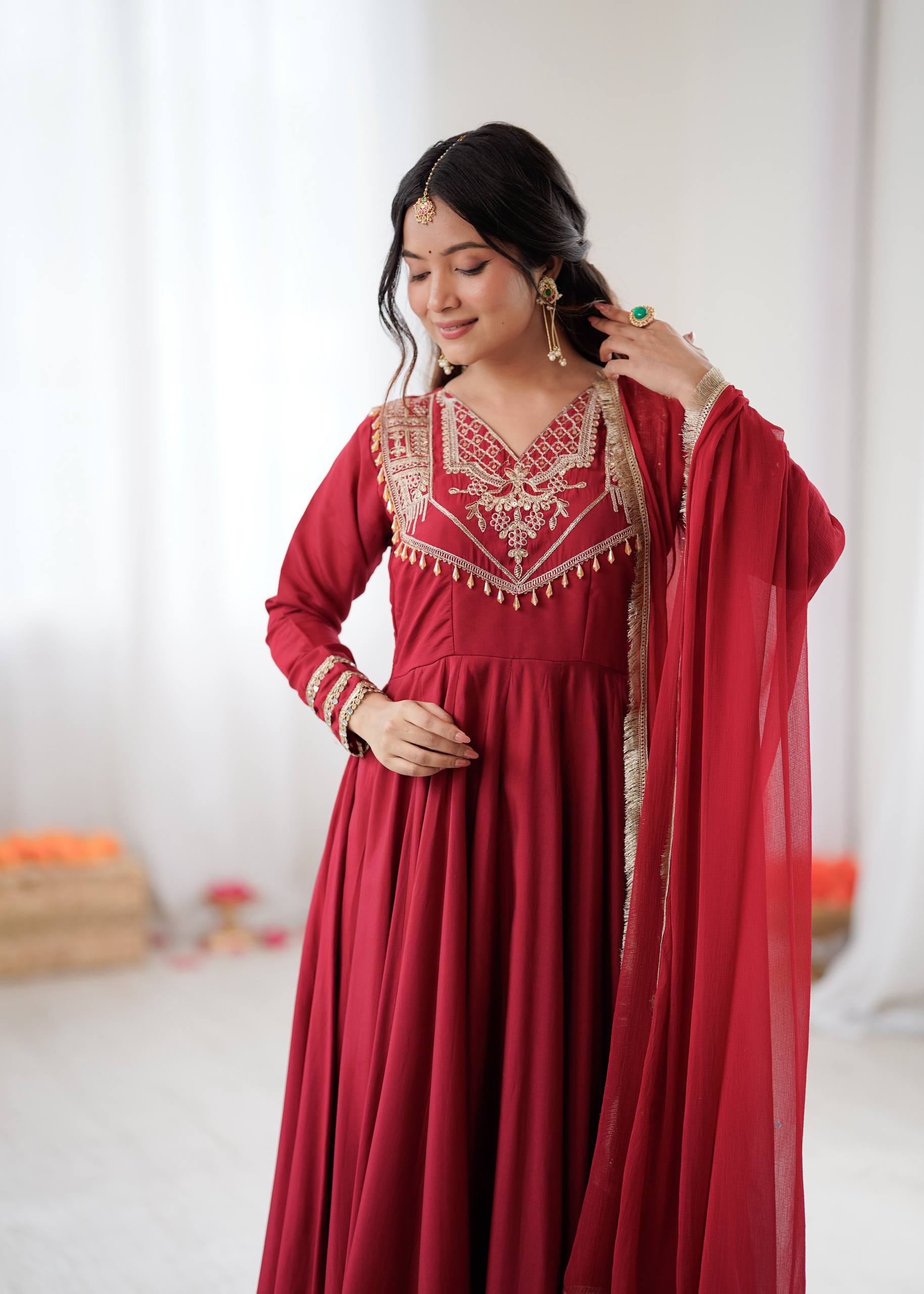 Prazu Fashion Red Roman Silk Coding Work Anarkali Suit