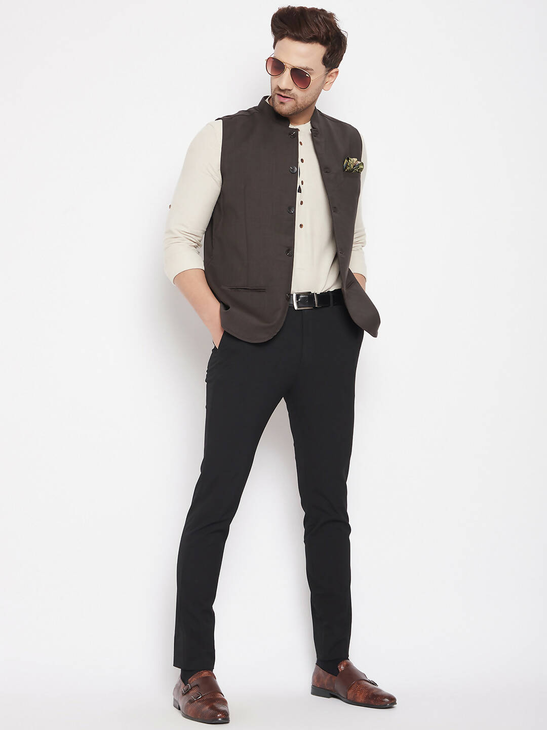 Even Apparels Brown Merino Men Woven Nehru Jacket 