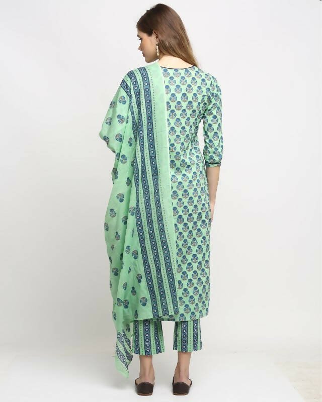 Aastha Fashion Women's Pista Green Cotton Jaipuri Printed Kurta with Trouser & Dupatta - Grab2buy