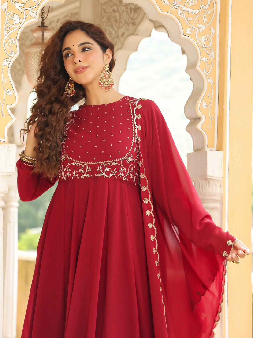 Janasya Maroon Georgette Embroidered Kurta,Bottom & Dupatta 