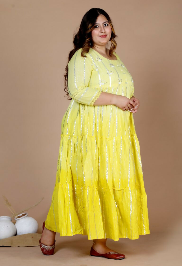 Miravan Women's Plus Size Cotton Embroidery And Lace Work Yellow Party Wear Anarkali Kurta
