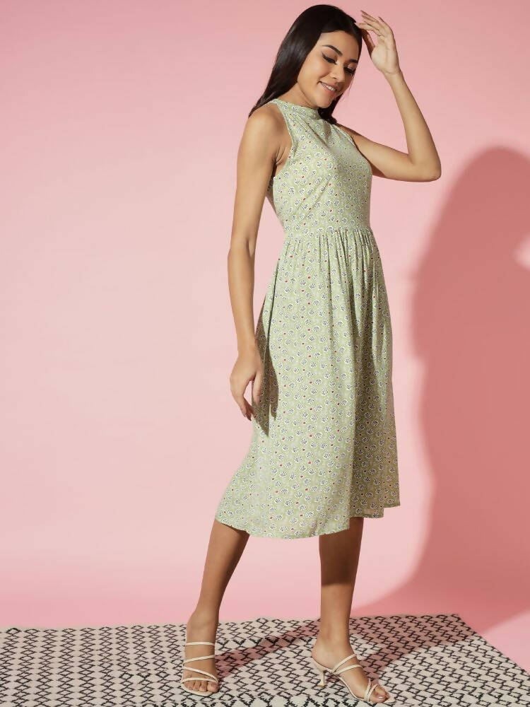 Myshka Women Green Ethnic Motifs Rayon A-Line Round Neck Dress