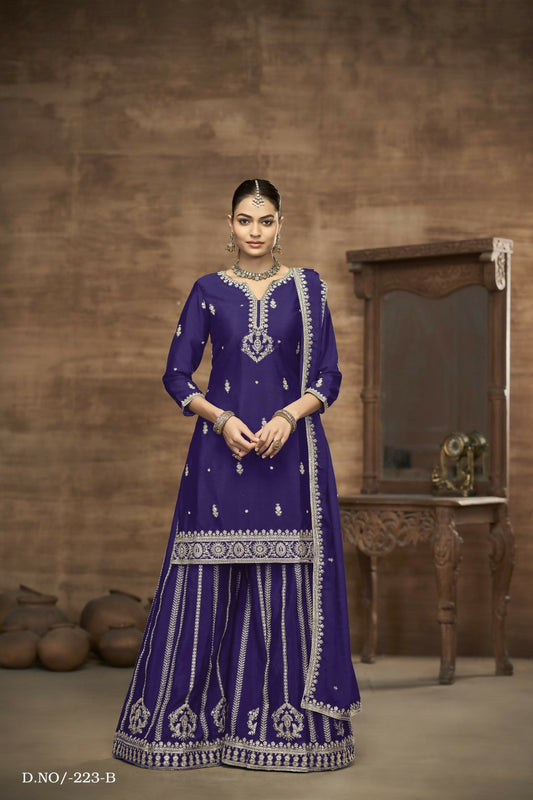 Anaita Blue Chinon Silk Embroidered Stitched Sharara Suit