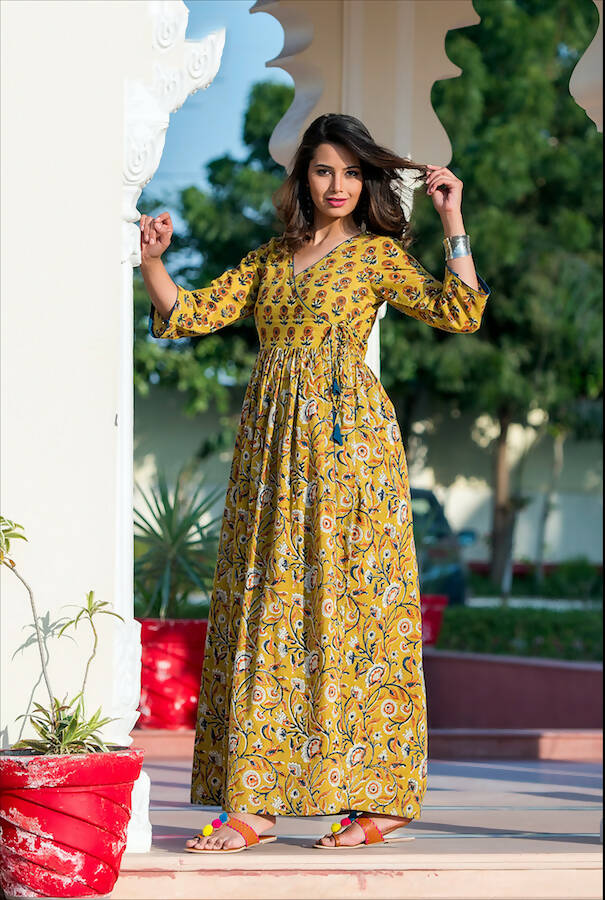 Partywear Designer Yellow Pure Maslin Gown - Anbazaar