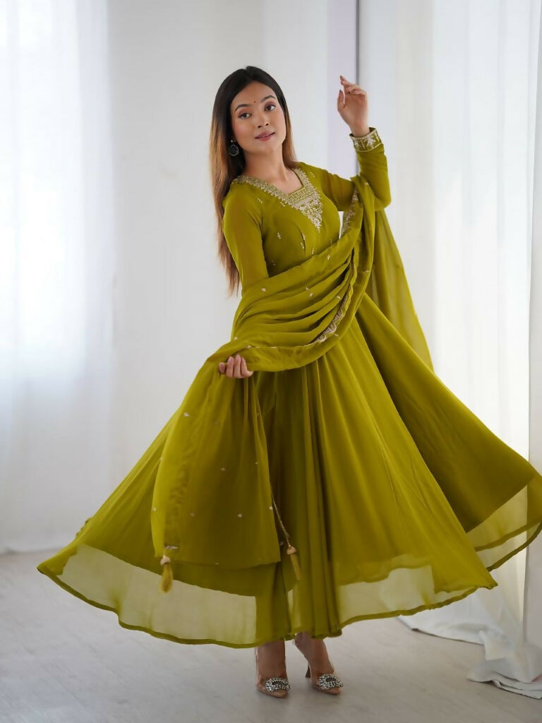 Teeya Creation Mahendi Green Color Pure Soft Georgette Embroidery Work Gown