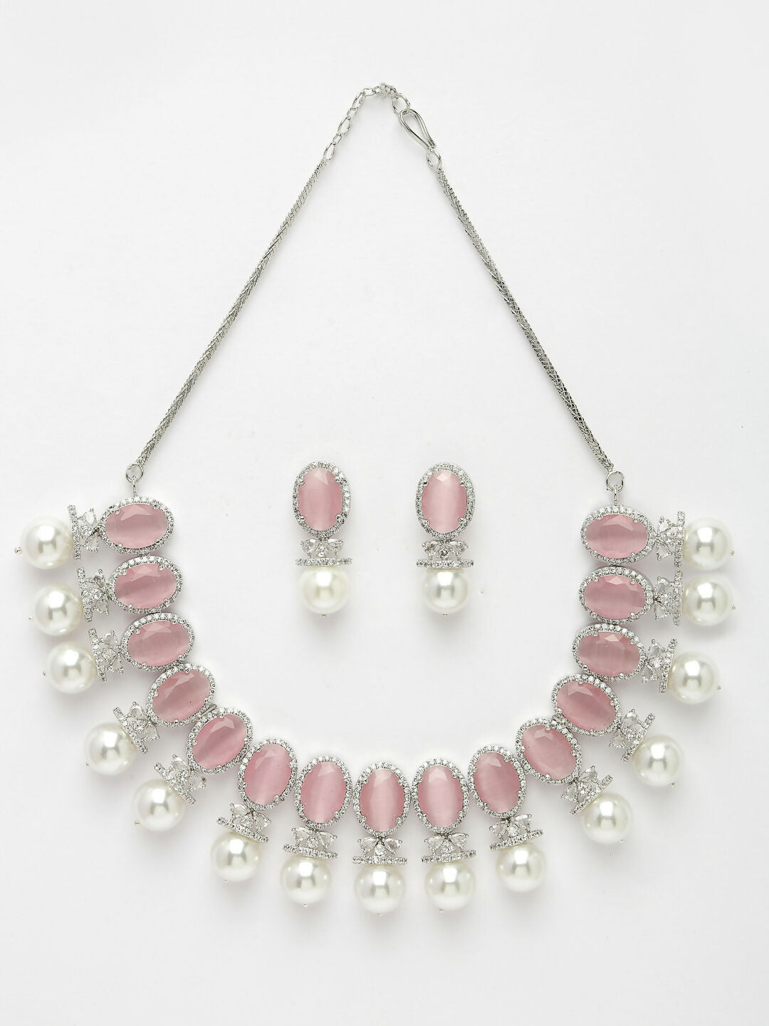 NVR Women's Silver-Plated Pink American Diamond Studded Handcrafted Jewellery Set - Grab2buy