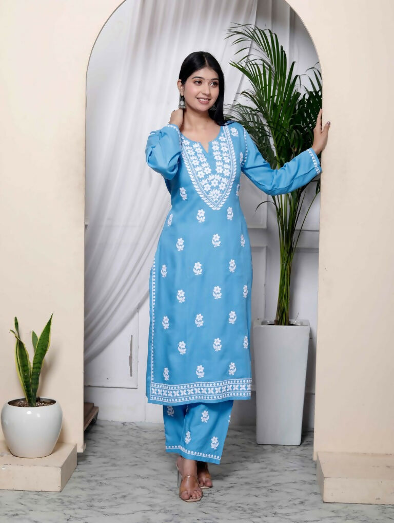 Miravan Women's Chikankari Embroidery Sky Blue Straight Kurta And Palazzo 