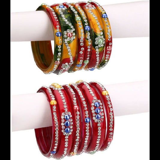 Afast Bridal Wedding & Party Fashionable Colorful Glass Bangle/Kada Set, Pack Of 12 - Yellow, Red | Grab2Buy