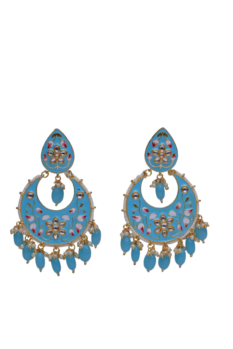 Blue Gold-Polished Brass & Pearl Dangle Women Earrings| Hand Painted Meenakari Chandbali Traditional Ethnic Wear Earrings By House of Ree House of Ree