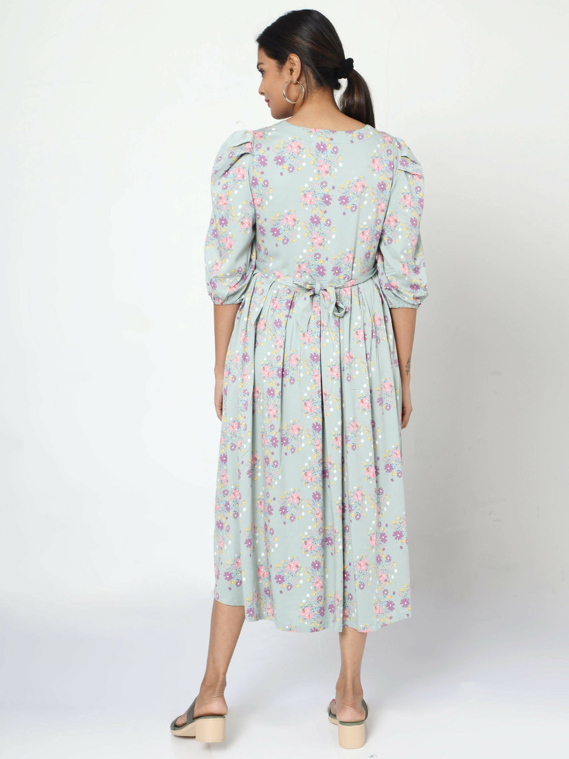 Manet Three Fourth Maternity Dress Pink Floral Print With Concealed Zipper Nursing Access - Green